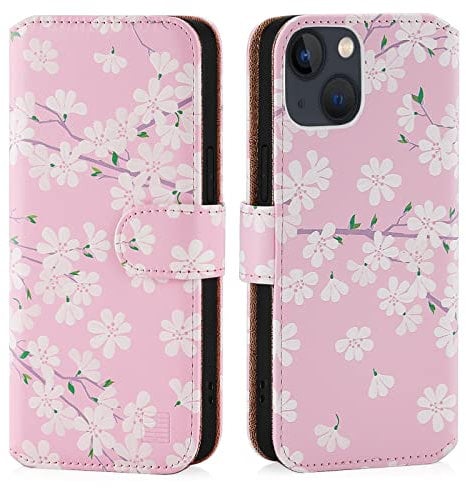 32nd Floral Series 2.0 - Design PU Leather Book Wallet Case Cover for Apple iPhone 13 Mini (5.4), Designer Flower Pattern Wallet Style Flip Case With Card Slots - Cherry Blossom