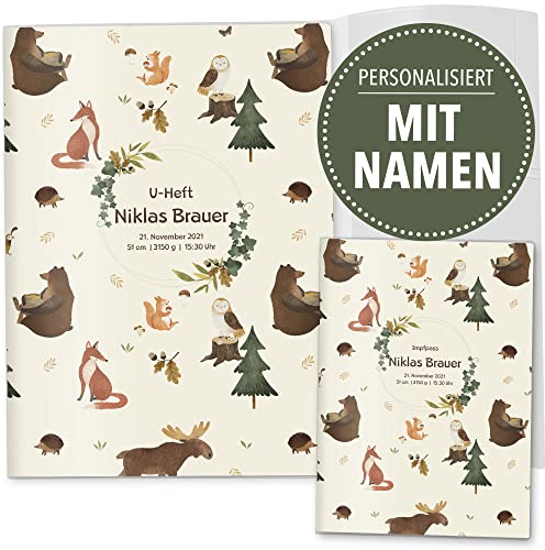 OLGS U-Heft und Impfpasshüllen 3-teiliges Set Awesome World | Untersuchungsheft & Impfpass Hüllen, Babygeschenk mit Namen und Geburtsdatum - Uhefthülle, Impfpasshülle personalisiert, Browny Bear