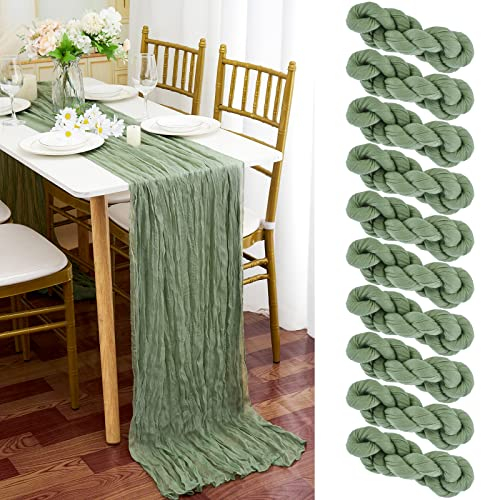 10 Stück Seihtuch Tischläufer Salbeigrün,90 x 300 cm Grün Käsetuch Tischläufer Rustikaler Gaze Stoff Boho Cheesecloth Tischläufer Hochzeit Tischdecke für Hochzeitsfeier Brautparty Tischdekoration