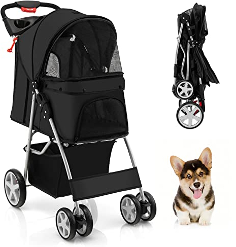 GYMAX Haustierwagen, zusammenklappbarer Katzen-/Hundebuggy mit Aufbewahrungskorb, Getränkehaltern & Netzfenster, Reisewagen mit 4 Rädern für kleine Haustiere (Schwarz)