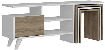 Mesa TV,100% Tablero de aglomerado rechapado en melamina, Color Blanco Nogal