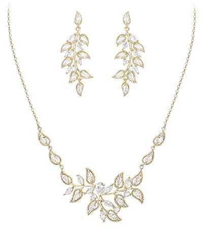 Clearine Blatt Cluster Schmuckset Brautschmuck Set Zirkonia Anhänger Halskette und Tropfen Ohrringe für Hochzeit Party Klar Gold Tone