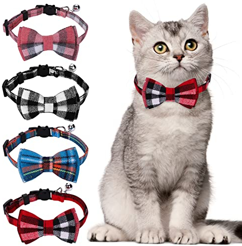 Giantree 4Pcs Katzenhalsbänder Fliege mit Glocke Breakaway Kätzchen Halsband für Mädchen Junge Katzen Cute Plaid Design einstellbare Haustier Halsbänder 7-12inch für Kitty Cats (4 Farbe)