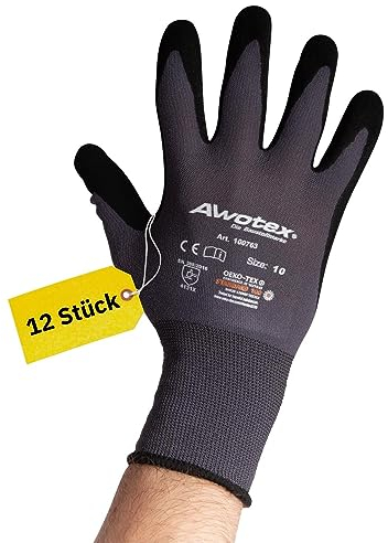 AWOTEX Montagehandschuh Nitril Größe 10 I 12 Stück Arbeitshandschuhe mit Nitrilschaum-Beschichtung I Gummi Handschuhe I Work Gloves 90% Nylon I Handschuhe Arbeitshandschuhe wasserdicht
