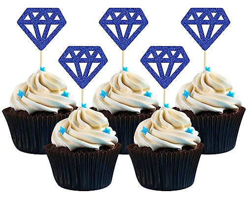 24Pcs Diamond Ring Cupcake Toppers Deep Blue Glitter Diamond Wedding Ring Cupcake Picks for Marriage Engagement Anniversary Valentines Party Cake Decorations Supplies
