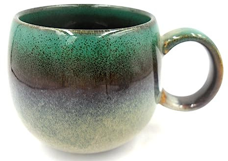 Reactive Glaze Stoneware Studio Sphere Mug in Dark sea Grass Green.