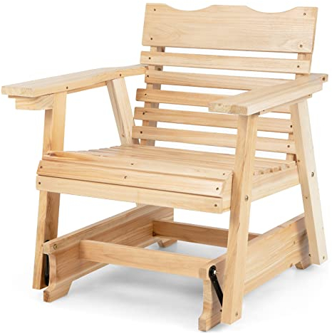 GOPLUS Schaukelstuhl aus Holz, Outdoor-Gleitstuhl mit verstecktem Getränkehalter, Sanfte Schaukelbewegung, Ergonomischer Terrassenstuhl, für Vorderporch Hinterhof Balkon