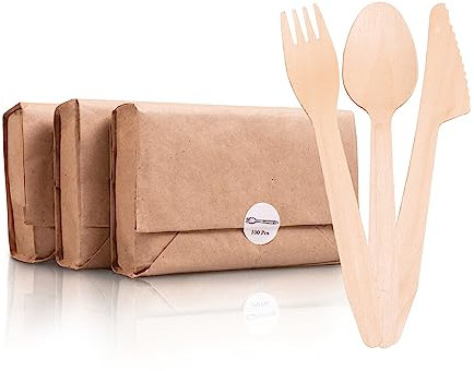 esnado Einwegbesteck, Holzbesteck, 100 Stk, Geschirr, FSC zertifiziert, nachhaltig, 100x Set (Gabel,Löffel,Messer) - Grillen, Party, Festival, Food Truck