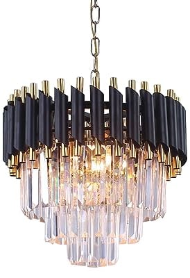 FRIXCHUR Moderne Kristall Kronleuchter 3-Tier Kristall Kronleuchter Licht 15.7'' Schwarz und Gold Hängeleuchten Regentropfen Flush Mount Kronleuchter für Wohnzimmer Küche Insel Foyer E14x5 Birne…