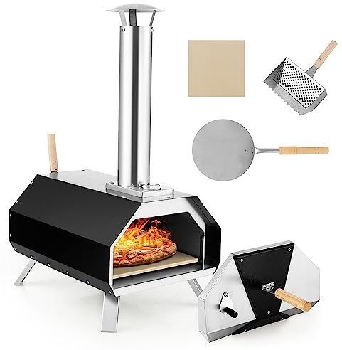 COSTWAY Forno per Pizza da Esterno, Forno Portabile a Legna da Esterno per Piazza, Forno per Pizza con Pietra per Pizza e Gambe Pieghevoli