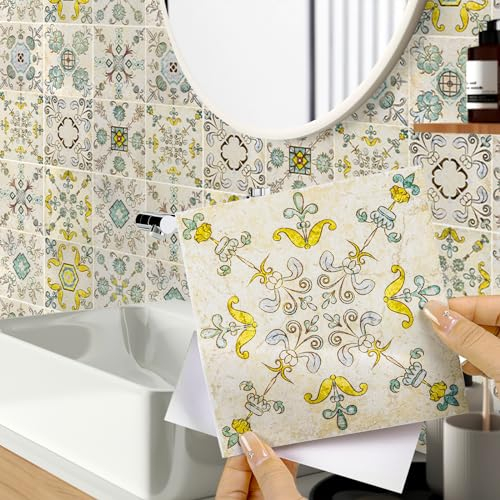 Hode Adesivi per Piastrelle Bagno e Cucina, Piastrelle Adesive Cucina e Bagno 24 Pezzi 15x15 cm Giallo Stile Retrò, Mattonelle Adesive Decorazione Murale in PVC Impermeabile