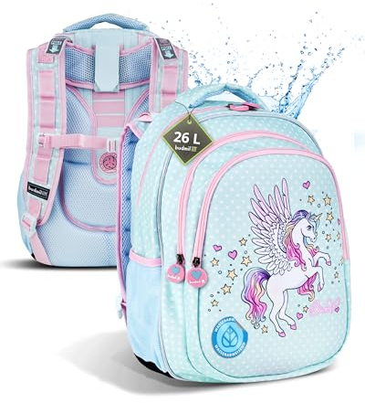 budmil Einhorn Schulranzen Mädchen 1. Klasse 26L mit Brustgurt [leicht & ergonomisch] Schultasche Mädchen ab Klasse 1. - wasserabweisend - Rucksack mit 3 Fächer & belüftete Rückseite - Balbea Unicorn