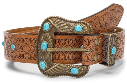 HilyBony Western-Cowboy-Gürtel für Damen und Mädchen, Landhaus-Gürtel, Vintage-Blumenmuster, PU-Ledergürtel mit türkiser Schnalle (für Taille 71,1 - 96,5 cm), Braun mit Türkis, for 28-38''waist