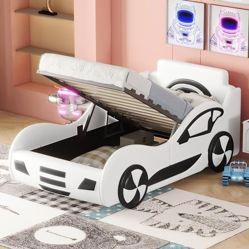 Autobett Kinderbett 90 x 200cm, Bett mit Lattenrost und Stauraum, Kinder Spielbett, Aufregendes Auto Kinderbett für kleine Rennfahrer Jungen und Mädchen, Flachbett, ohne Matratze Weiß