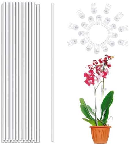 Pflanzstäbe, Pflanzstäbe, Acryl, transparent, 45,7 cm, Orchideenpfähle für Innen- und Außenbereich, Orchideen, Topfpflanzen, Tomaten, Blumen (mit 20 Clips), 20 Stück
