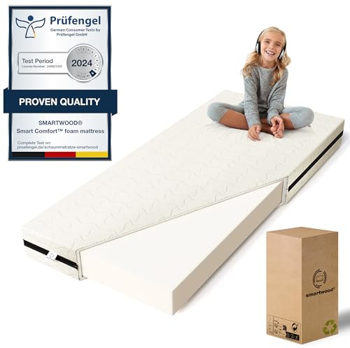 smartwood Matelas 140x190 14cm, H2, en Mousse, SmartComfort | Matelas enfant, Oeko-TEX, respirant, antiallergique, housse zippée sur 3 côtés, lavable à 40°C, densité 25 kg/m³, réversible