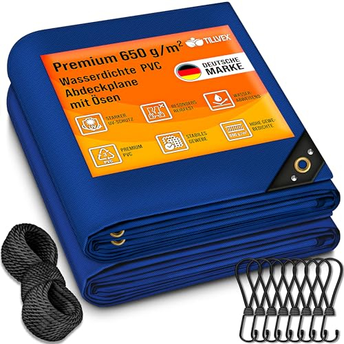 tillvex® Abdeckplane mit Ösen + 10x Spanngummi & 15m Seil | Gewebeplane 650g/m² Wasserdicht & Reißfest | Premium PVC-Plane Universell LKW, Pool, Holz Gartenmöbel | Gartenplane Abdeckung (Blau, 2x3 m)