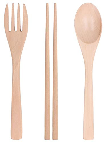 ANKROYU 3-teiliges Set Mit Löffel, Gabel, Essstäbchen, Holzbesteck-Set, Reisegeschirr, Küchenbesteck-Set, Holzgeschirr Für Reisen, Zuhause, Hotel, Küche, Restaurant