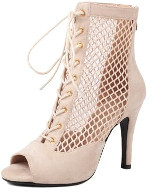 Uonpie Peep Toe Stivali 10cm Tacco in Scamosciata a Rete Scarpe da Ballo Latino Salsa Tango Bachata,Beige,38EU