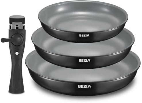 BEZIA Juego de sartenes con mango extraíble, juego de sartenes con revestimiento cerámico, juego de sartenes de inducción para todo tipo de fuegos, 20+24+28 cm, diseño apilable, apto para lavavajillas