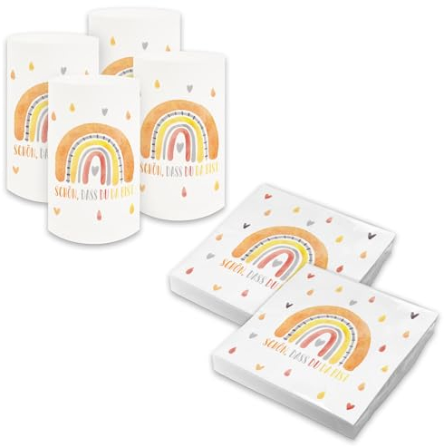 itenga Tischdeko Set - Servietten Schön dass du da bist 30 x 30cm 3-lagig 40 Stück und 6 Windlichter für Kommunion Konfirmation Hochzeit Taufe und andere Feiern (Regenbogen)