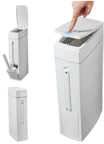SHITOOMFE Toilet Trash Can,Bathroom Trash Can 4x8x17in 4.5L Slim Bathroom Bin with Toilet Brush Holder Press-Opening White Rectangular Toilet Trash Can for Toilet Kitchen Space Saving