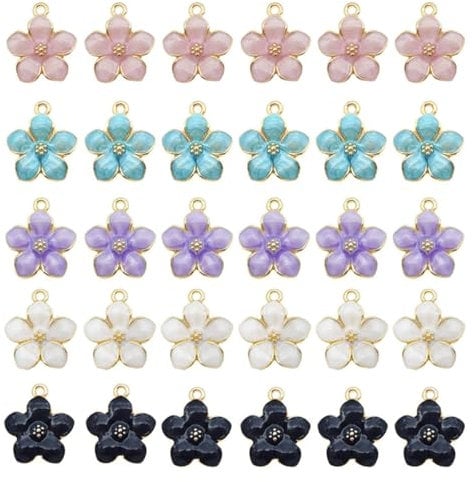 35 Pcs Enamel Cherry Flower Charms, 5 Colors Vintage Petals Pendant Metal Cherry Blossom Pendants Decor, DIY Necklace Bracelet Earring Making Crafting Accessory, Gold Plated Sakura for Jewelry Making