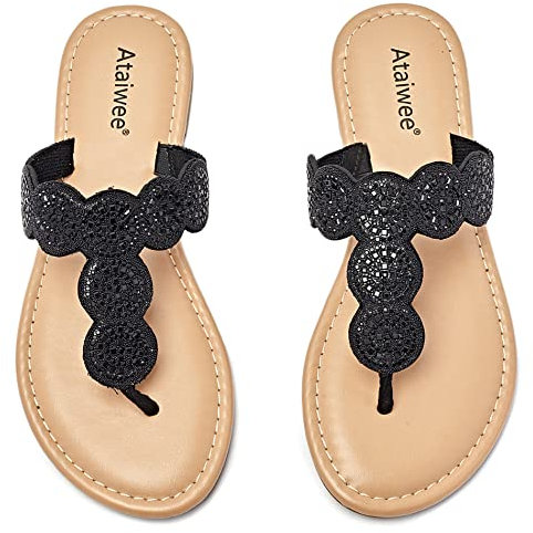 Ataiwee Sandales plates pour femme – Tongs élégantes pour femmes,Sandales plates confortables et décontractées.(2207007-1,BK/MF,41)