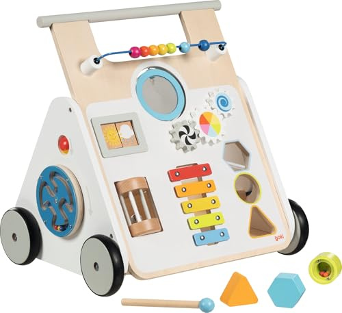 goki 59961 - Lauflernwagen KiddyCruiser aus Holz, Multifunktionale Lauflernhilfe mit Kugellabyrinth, Xylophon, Spiegel, Sortierbox, Drehpuzzle, Bremse und vieles mehr, 33cm x 41cm x 44cm, ab 1 Jahr