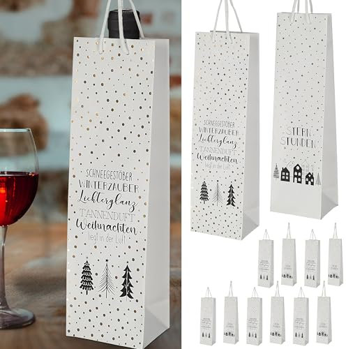 Flaschentüte weiße Weihnachten 2 Motive 12er Set | 10x35x8cm Papier weiß | Geschenkverpackung Flaschentasche