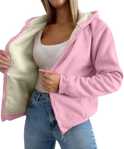 amropi Donna Giacca Foderato Pile Felpa con Cappuccio a Cerniera Invernale Cappotto Caldo Giubbotto Rosa,XXL