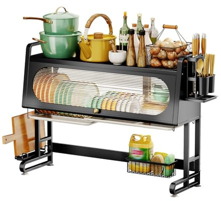 Genérico Escurreplatos Grande sobre el Fregadero, escurridor de Platos de Acero al Carbono de 2 Niveles, Organizador de mostrador con Puerta de gabinete, Soporte para Cubiertos, escurridor para Plato
