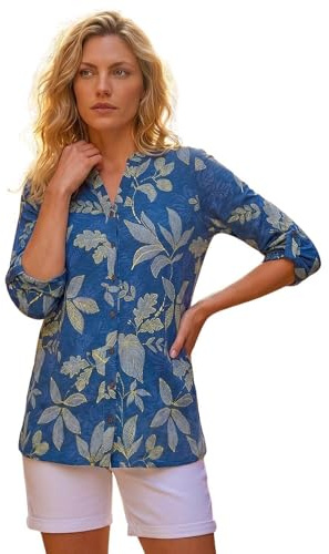 Roman Originals Shirt Top for Women UK Ladies Collarless Blouse Smart Tunic Button Through Longline Asymmetric Hem 3/4 Length Roll Up Sleeves V Neck Going Out - Denim - Size 18