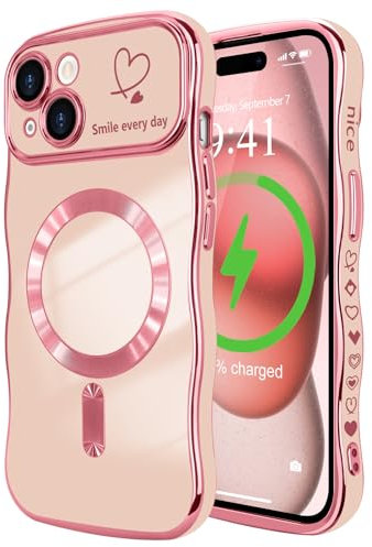 LCHULLE Magnetisch Handyhülle für iPhone 15 Hülle [Kompatibel mit Magsafe] Liebesherz Schutzhülle Kameraschutz Wellen Lockige Form Galvanisch Silikon Case für iPhone 15 Rosa
