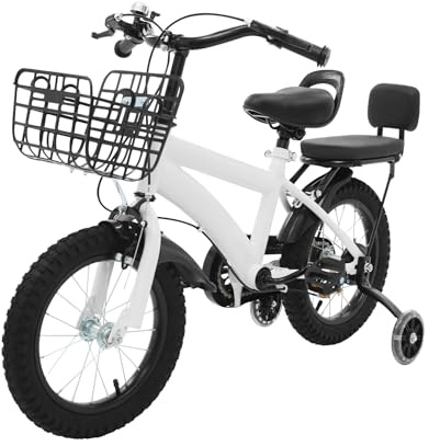 ROMYIX kinderfahrrad 14 Zoll,Kinder Fahrrad Jungen Mädchen Fahrrad Kinder mit Stützräder, Korb,Rückbank,Schwarz Weiß Fahrradfür 3-7 Jahre alte Mädchen & Jungen (Weiß)