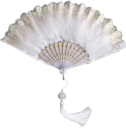 Vintage Lace Tassel Hand Fan, Feather Folding Fan, Black/White for fancy dress parties and proms! (White-plume)