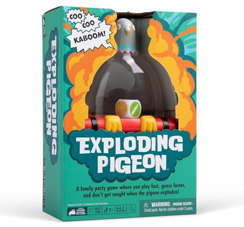 Exploding Kittens Exploding Pigeon, 3+ Players, Age 7+ Game | Shake the pigeon timer, reveal team challenges, then draw, mime, and race through 75 quick-fire cards for family game night.