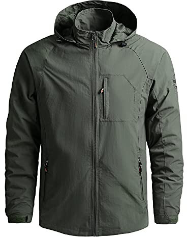 Waterproof Jacket Mens Lightweight Full Zip Windbreaker Outdoor Raincoat Detachable Hooded Softshell Rain Jacket Windproof Military Outerwear for Travelling Camping Running Hiking Army Green L