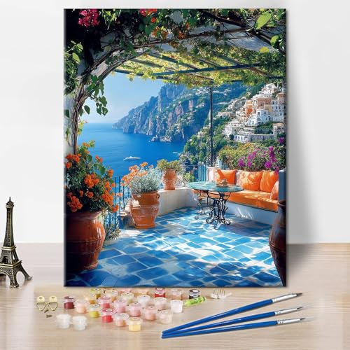 TISHIRON Paisaje costero, pintura por números, pintura al óleo para adultos, costa de Amalfi, ciudad italiana paisaje marino acrílico pintura por números en lienzo 40 x 50 cm (sin marco)
