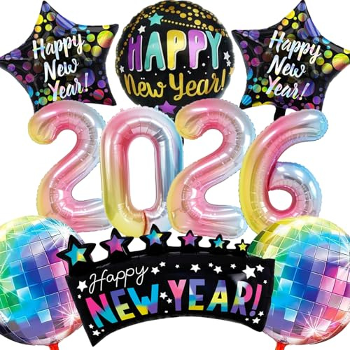 DazzJoy Silvester Deko 2026 Luftballons Bunt, 32 Zoll Happy New Year 2026, Deko Silvester 2026 Party Set Folienballon, Silvesterdeko Helium Ballons Bunt für Silvesterparty, New Year Decoration 2026