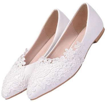 Holibanna Elegante Spitzenschuhe für Hochzeit Damen Flach Weiß 37 | Pu und Kunstleder, Gummisohle, 1 Paar, Geeignet für Brautlook und Halloween