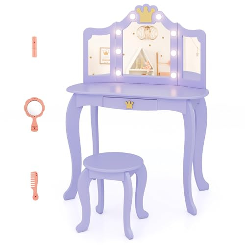 COSTWAY Schminktisch Kinder mit Beleuchtung, Frisiertisch mit dreifach klappbarem Spiegel & Schublade, Kosmetiktisch aus Holz mit Hocker, Kinderschminktisch Set für Mädchen ab 3 Jahren (Lila)