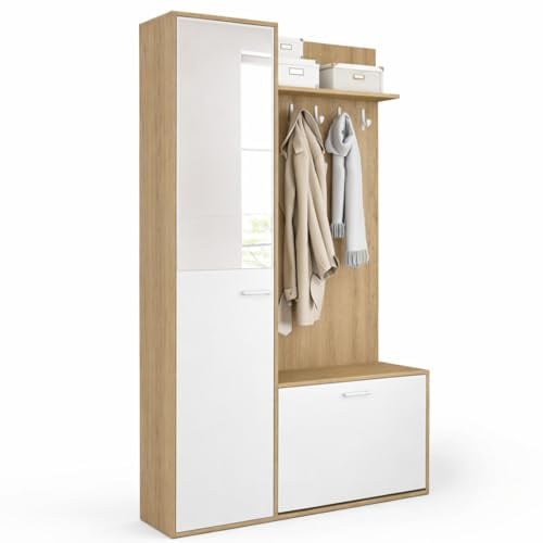 IDMarket - Vestiaire d'entrée Rangement Chaussures MAHAUT 1 Porte | En effet bois et blanc avec miroir et étagères