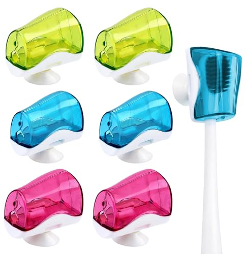 6Pcs Wall Mounted Toothbrush Holder, Toothbrush Head Covers with Suction Cup, Tooth Brush Cap for Bathroom Wall Mirror Home Outdoor Travel