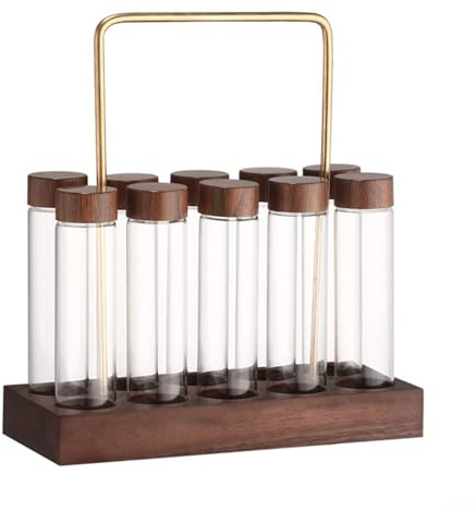 Glomc Single Dose Coffee Bean Storage Tubes With Walnut Wooden Holder Stand,Airtight Single-Dose Vials For Freshness, 10-Tube Set, Kitchen Coffee Bean Cellar Accessories(1 base+10 tubes)