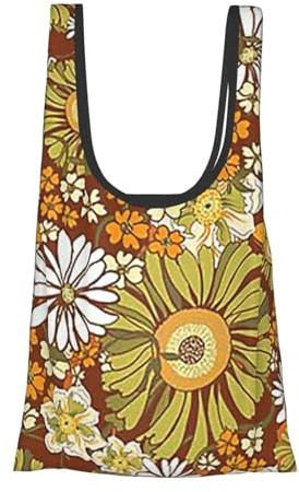 WSQHAO 5Pcs 70s Retro Vintage Flower Pattern Shopping Bag Portable Tote Bags Foldable Shoulder Shopper Groceries Handbag für Einkaufen