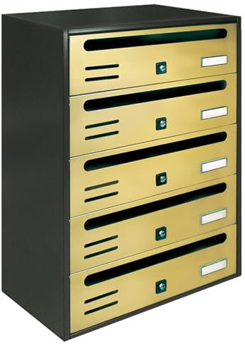 ALUBOX CUBO Cassette Postali Condominiali 5 Posti 53X38,5X25 Cm In Lamiera Zincata Cassetta Postale Condominiale Orizzontale Da Esterno E Interno Protetto (ANTRACITE E SPORTELLI ORO)