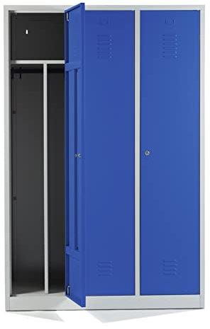Schrank & Stuhl Spind – Metallspind mit 3 Abteilen in 180 x 120 x 50 cm, inkl. Hutboden, Trennwand und Zylinderschlössern, Lieferung komplett montiert, Grau/Blau