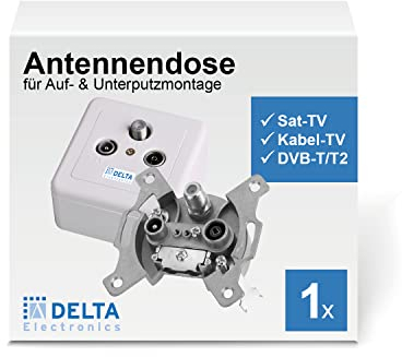 DCT Delta Sat Dose inkl. 3loch Abdeckungen & Aufputzrahmen weiß, 3 Ausgänge, unicable & Kabelfernsehen tauglich, Stichdose, Antennendose, DVB-C, DVB-S/S2, DVB-T/T2, DAB +, DC Pass, 5-2400 MHz