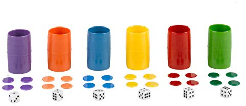 Falomir - Set de 6 Cubiletes de Plástico | Multicolor | con Caja de Plástico y 24 Fichas | 6 Dados Incluidos | Diversión y Entretenimiento | 2+ Jugadores (Edad +4)